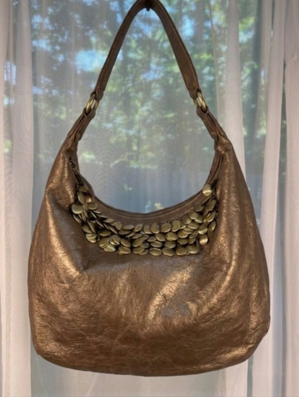 Franco Sarto Metallic Bronze Hobo Bag Coin Trim Slouchy Boho Shoulder Glam Purse